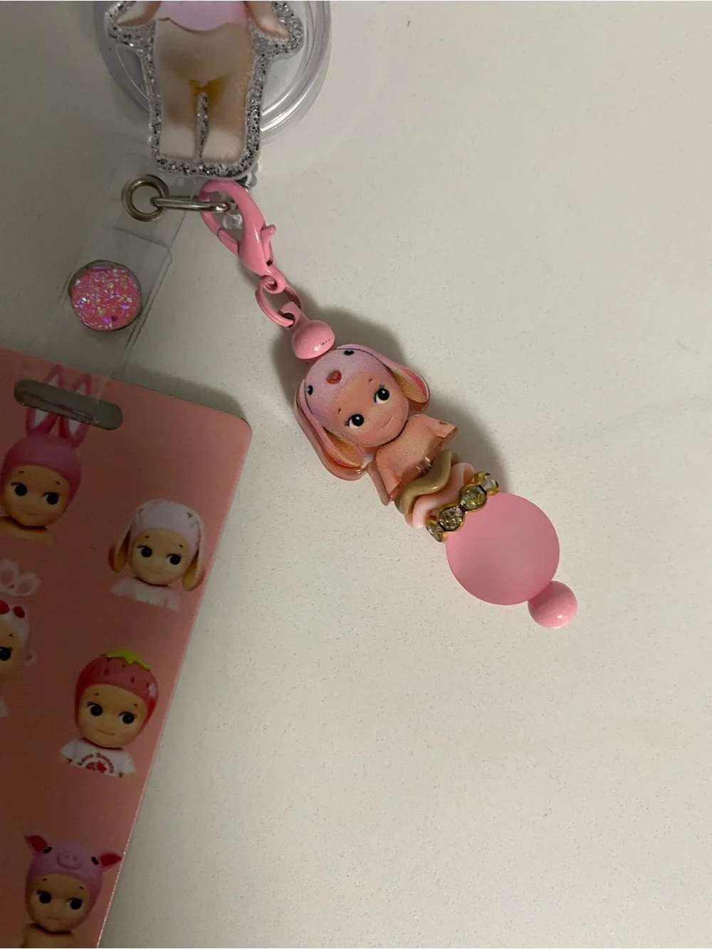 Pink Cute Doll Charm ID Badge Holder with Beaded Accent